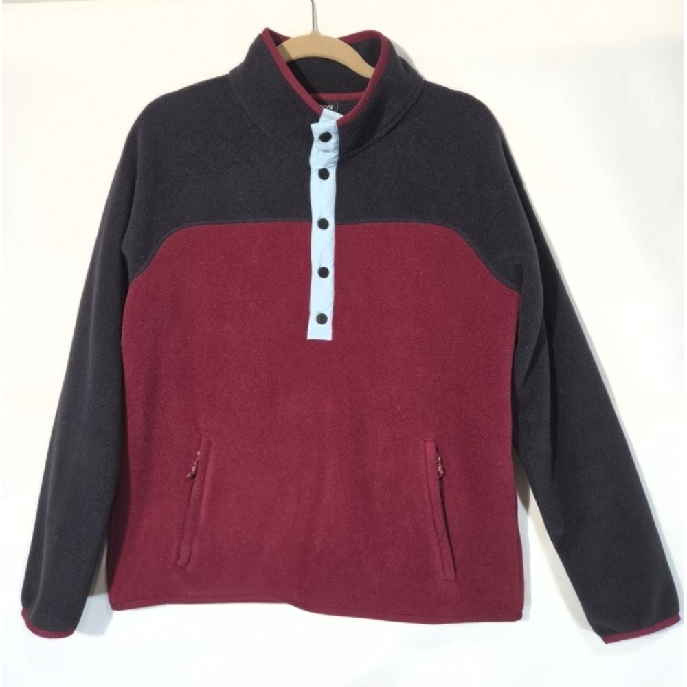 Burton Hearth Fleece Pullover Women Large Burgundy Navy Snap Mock Neck Excellent